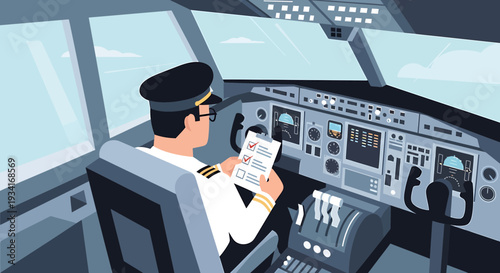 Pilot in Cockpit Checking Checklist Before Flight, Aviation Control Panel