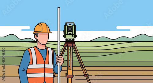 Surveyor with Total Station and Prism Pole on Construction Site