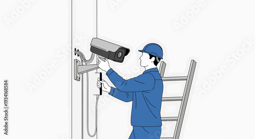 Technician installing security camera on pole with ladder, surveillance system setup