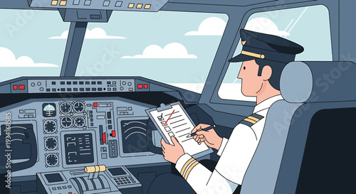 Pilot Checking Checklist in Airplane Cockpit