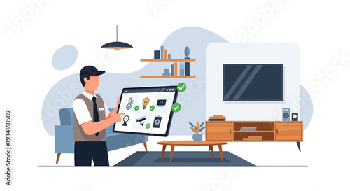 Technician with tablet managing smart home devices in modern living room