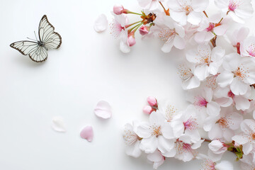 white background with white cherry blossom flowers and green leaves, a butterfly flying in the center of the frame, petals scattered around the border