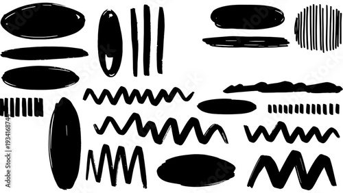 A digital image featuring a diverse array of abstract black shapes and lines