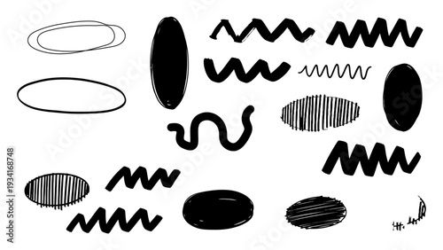 A black and white image featuring a variety of squiggly lines and shapes