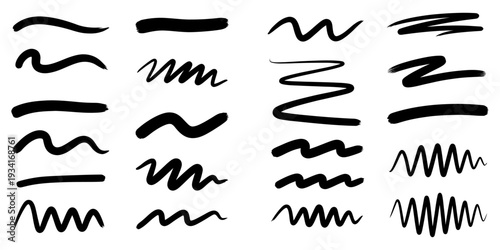A set of diverse squiggly lines and shapes in black on a white background, varying in thickness and pattern