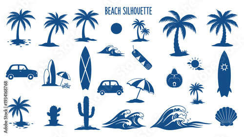 A set of blue silhouettes featuring palm trees, surfboards, cars, cacti, and beach umbrellas