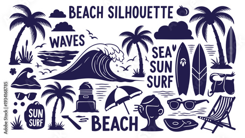 A collection of beach-themed icons and words in a navy blue silhouette style