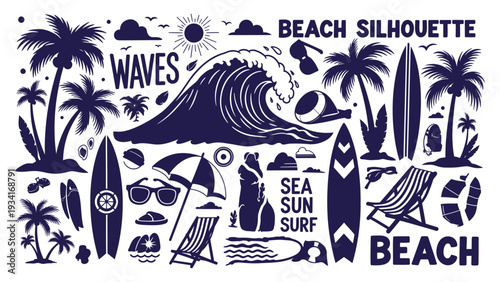 A dark blue illustration of beach and surfing elements, including palm trees, waves, and beach chairs, on a white background.