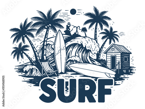 A tropical beach illustration with surfboards, palm trees, and a hut under a sunny sky