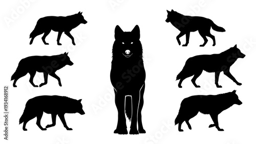 Seven black wolf silhouettes in different stances, one standing center and six around it
