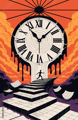 A man running up steps towards a melting clock, illustrating the concept of time running out
