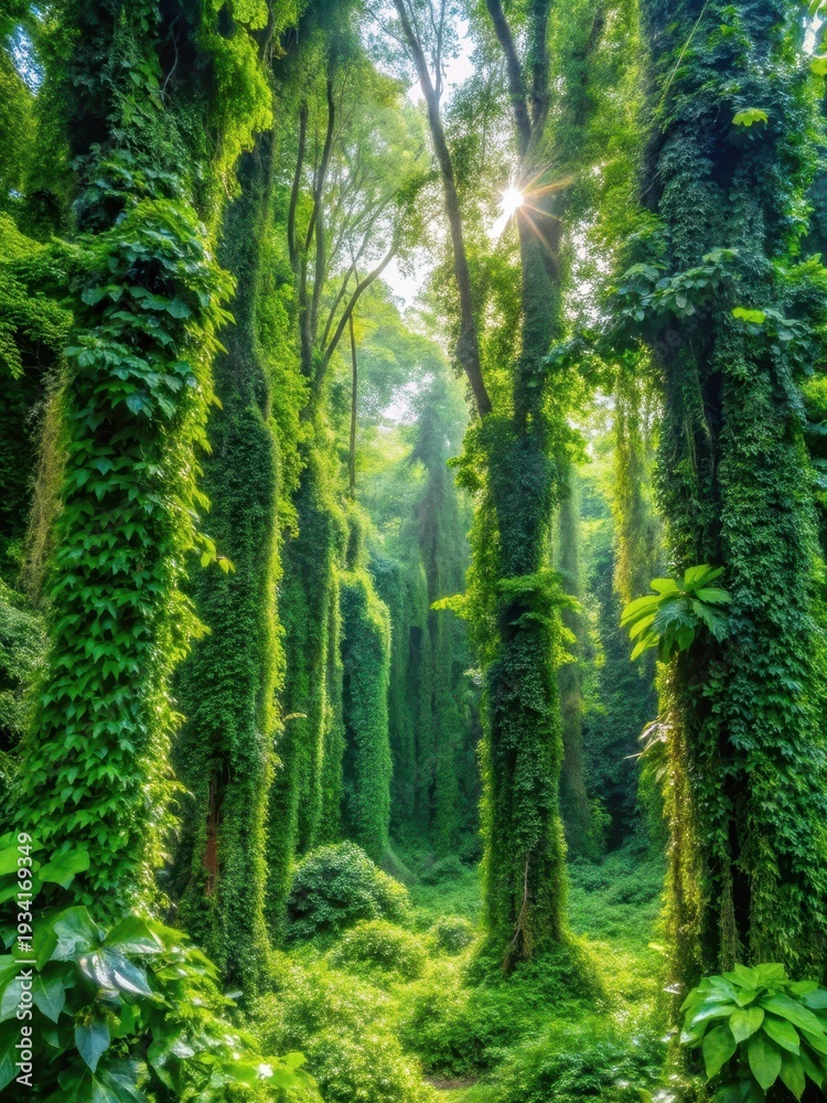 Fototapeta premium Dense foliage and vibrant greenery surrounded by tall trees and climbing vines