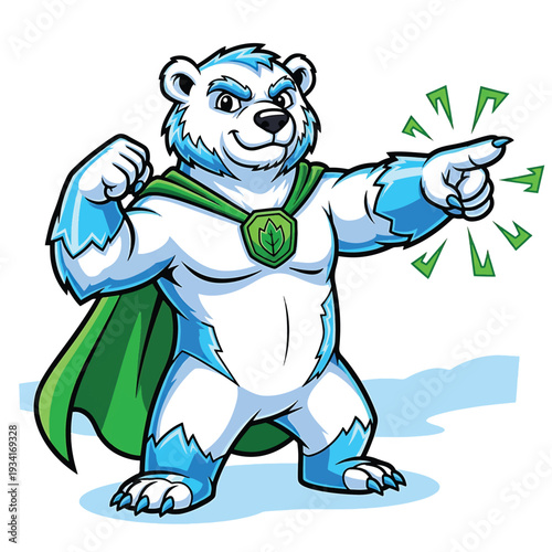 Polar bear superhero posing with cape and pointing energy blast