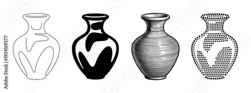 Four distinct artistic styles of decorative vases are presented in a collection of black and white illustrations.