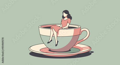A whimsical illustration of a woman sitting in a large teacup on a saucer