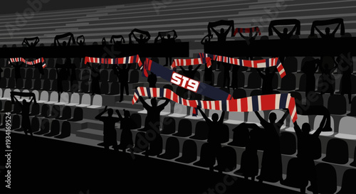 A digital illustration of a stadium filled with fans holding up a banner