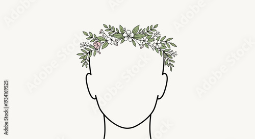 A minimalist illustration of a person's head adorned with a floral crown