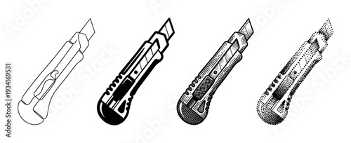 Four different styles of utility knife illustrations showcasing various artistic techniques for cutting tools.
