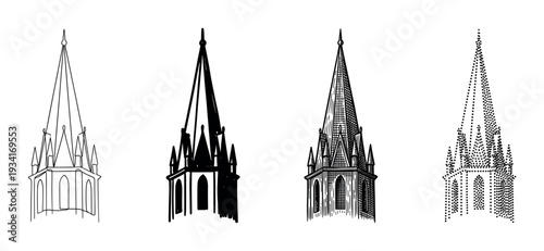 Four distinct church spires are depicted in various artistic illustration styles, showcasing different rendering techniques and architectural details.