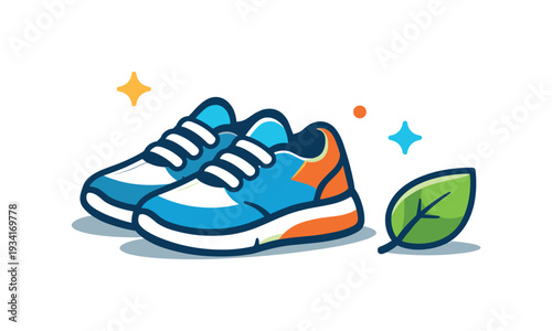 Bright blue and orange running shoes with a green leaf and sparkles