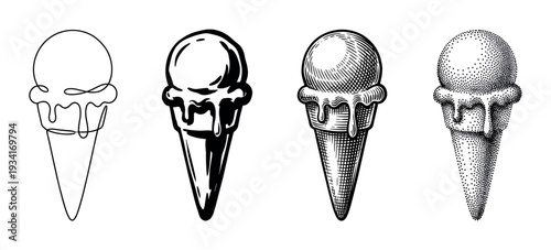 Four distinct ice cream cones with melting scoops are depicted in various artistic styles, showcasing different graphic design techniques.