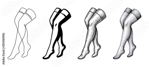 Stylish women's legs wearing hosiery, depicted in a collection of black and white line art and stipple illustrations.