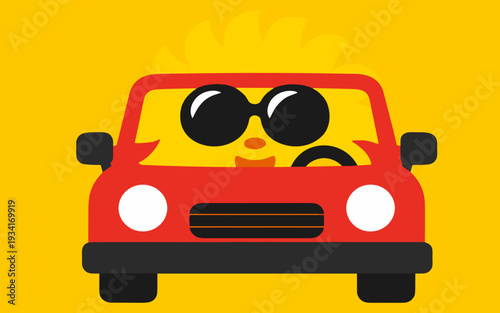 Funny smiling sun with sunglasses driving a red car on a bright yellow background. Concept of road trip, freedom, summer travel and adventure.