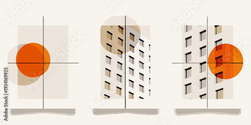 Abstract composition featuring building facades and overlapping orange circles