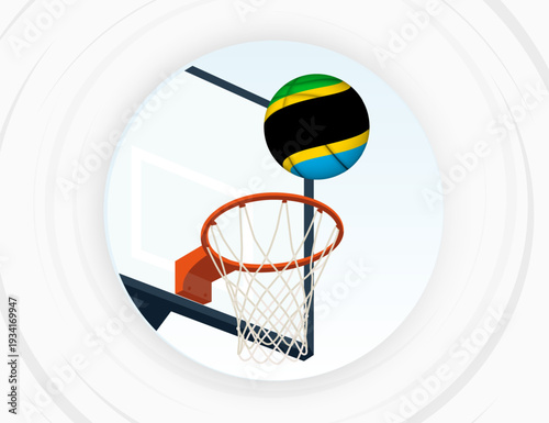 Tanzania Flag Themed Basketball in Motion, Scoring Moment in Basketball Game.