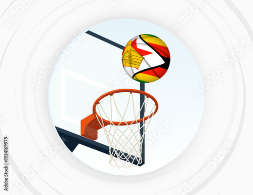 Zimbabwe Flag Themed Basketball in Motion, Scoring Moment in Basketball Game.