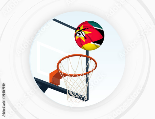 Mozambique Flag Themed Basketball in Motion, Scoring Moment in Basketball Game.