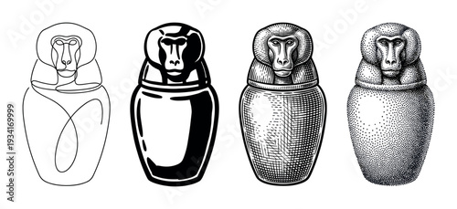 Four distinct illustrations of ancient Egyptian canopic jars with baboon heads, each rendered in a unique artistic style.