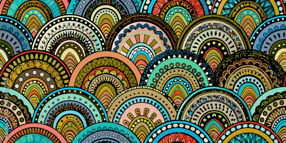 Fototapeta premium Colorful abstract pattern with overlapping semicircles and intricate details