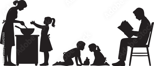 Black silhouette family scene with mother cooking and children playing