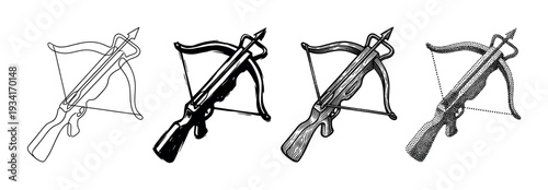Crossbow weapon illustrations in various artistic styles, showcasing different graphic design techniques and textures for historical themes.