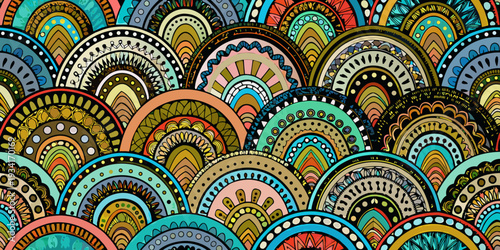 Colorful abstract pattern with overlapping semicircles and intricate details