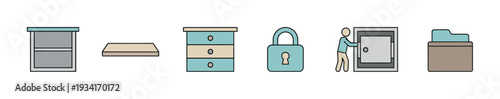 Storage and security icons are presented in a modern flat design style, illustrating concepts of organization and protection.