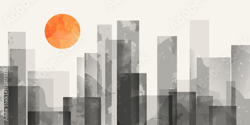 Abstract cityscape with a large orange orb resembling the sun or moon