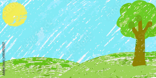 A child s drawing of a sunny landscape with a tree and hills