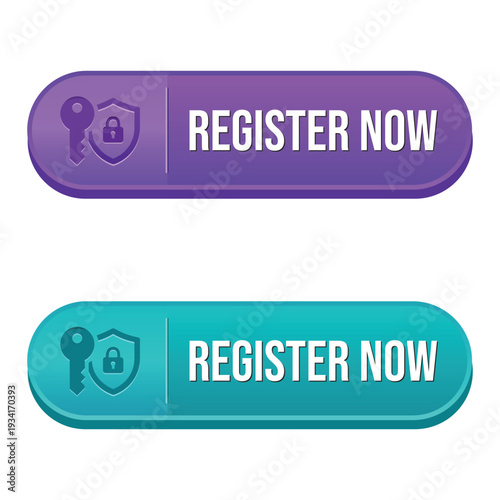 Register Now Button Set - Security Concept with Key and Shield Icons in Purple and Teal Vector Illustration
