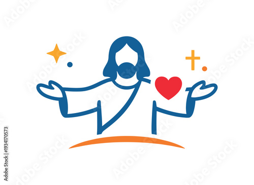 Jesus Christ with open arms, red heart, and cross, symbolizing love and faith