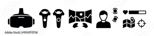 Virtual reality gaming and navigation technology icons representing modern digital entertainment and interactive experiences.
