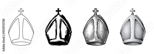 Four different styles of bishop's miter hats are displayed in a collection of black and white illustrations.