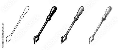 Fireplace poker tongs set featuring different artistic styles, including outline, solid, engraved, and stippled designs.