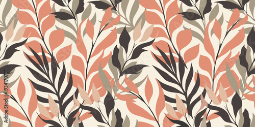 Abstract floral pattern with elongated leaves in muted earth tones