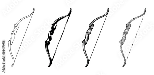 Recurve bow illustrations presented in a collection of distinct artistic styles and graphic representations.