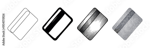 Credit card icons are presented in four distinct black and white graphic styles for financial concepts.