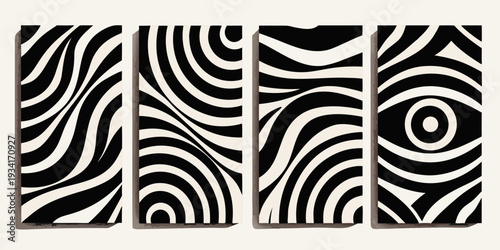 Obraz na plátně Four panels displaying optical illusion patterns in black and white