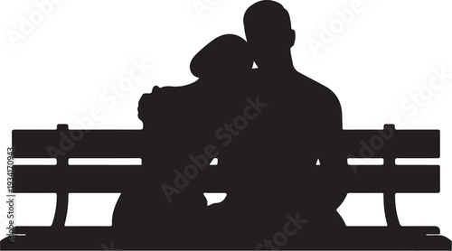 Black silhouette of a man and child sitting on a bench