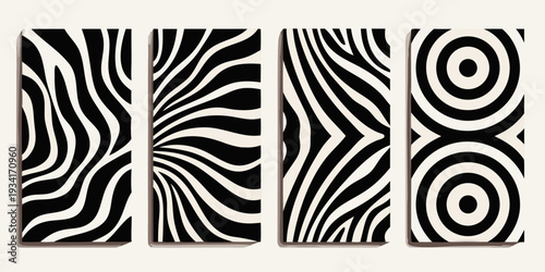 Abstract black and white optical illusion patterns in a grid layout